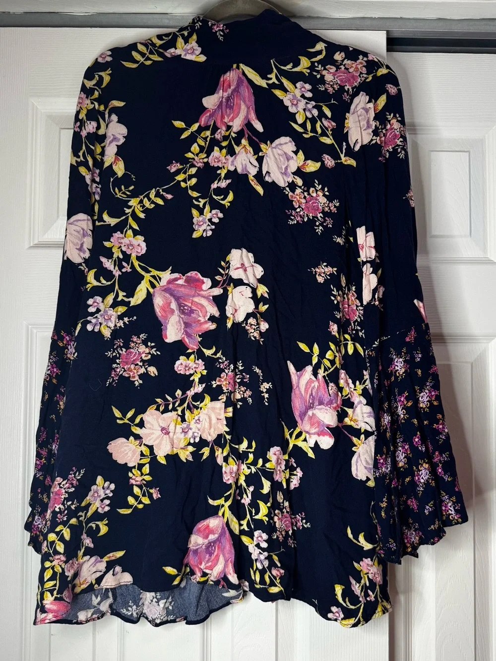Free People Navy and Pink Floral Bell Sleeve Tunic Blouse - Size S